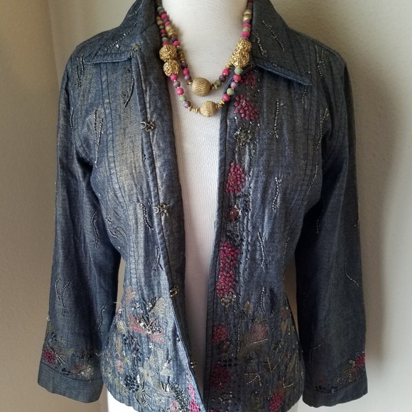 Chico's Metallic Denim Beaded Jacket & Necklace - Picture 2 of 8